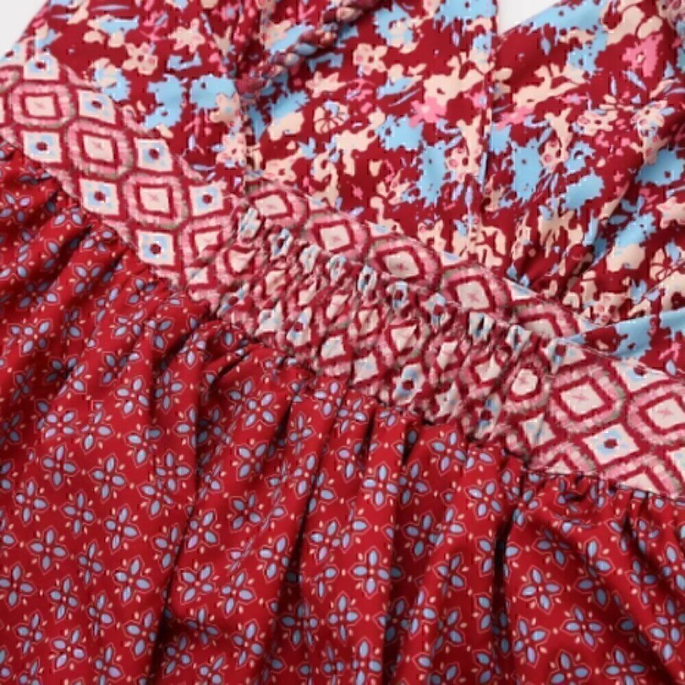Floral Burgundy Crossback Strap Plunge Tier Ruffle Layer Vintage Maxi Dress L - Picture 5 of 16